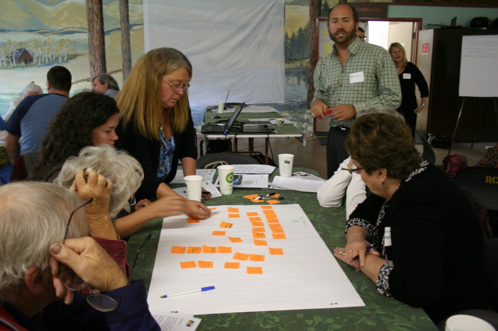 Nelson Jatel from Okanagan Basin Water Board helps a group of participants through "social network mapping" at the October 12 Special Meeting, "Rethinking our Water Ways." Credit Pat Kelly, Boundary Creek Times