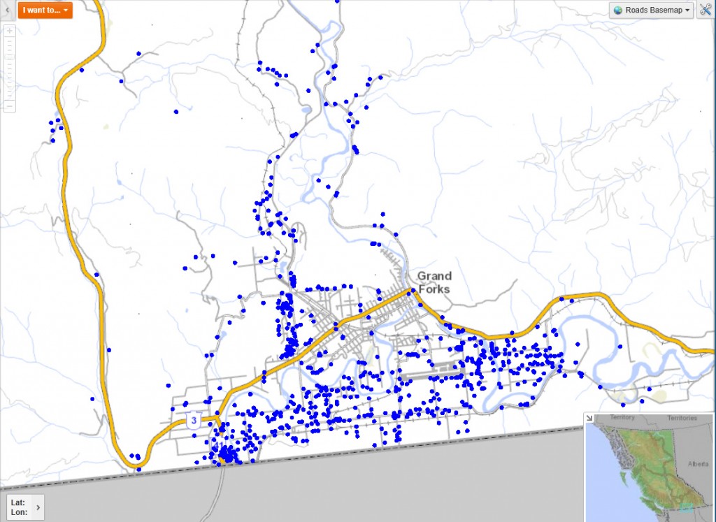 Known groundwater well locations near Grand Forks. Source: IMap BC.